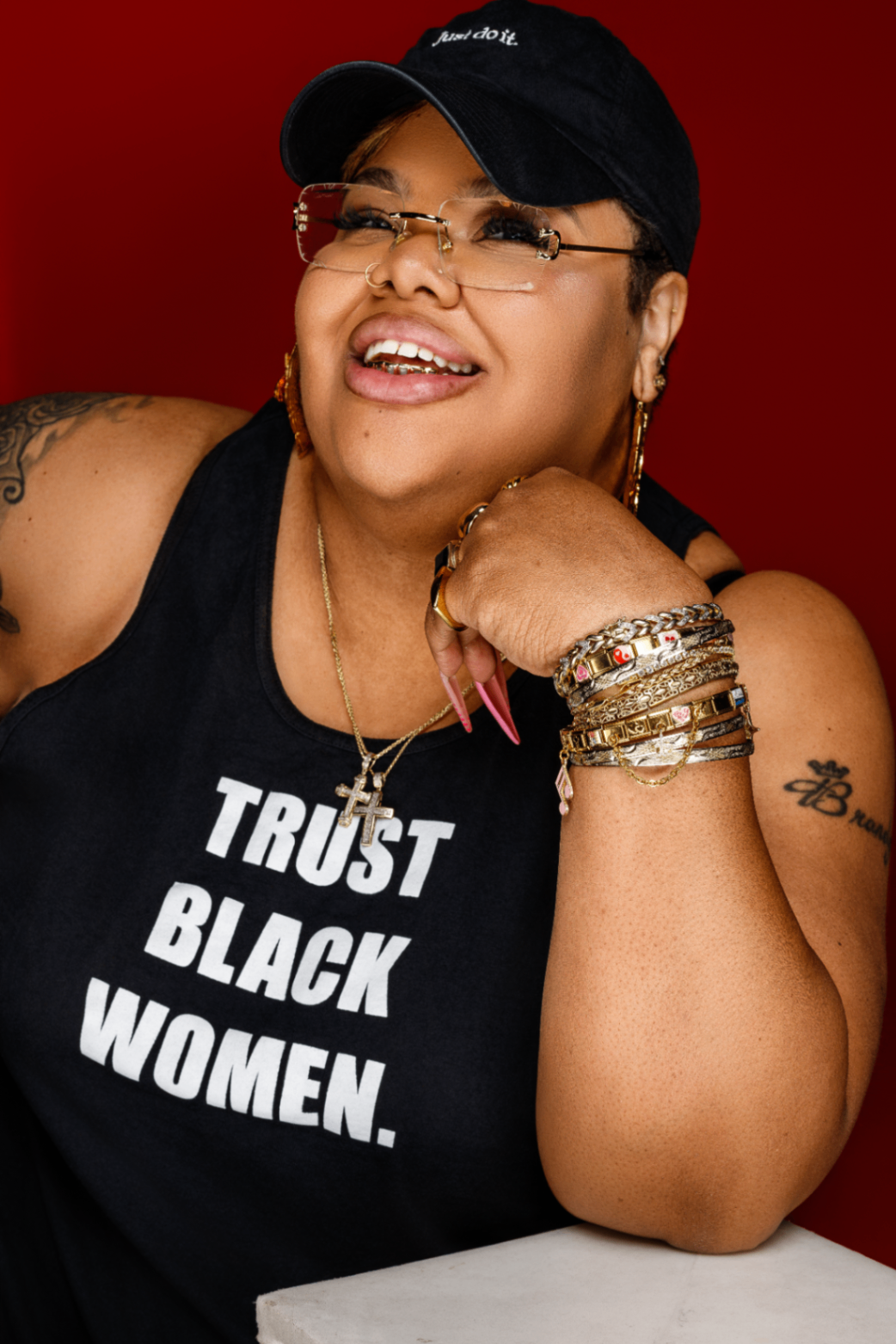 Personality portrait on red backdrop